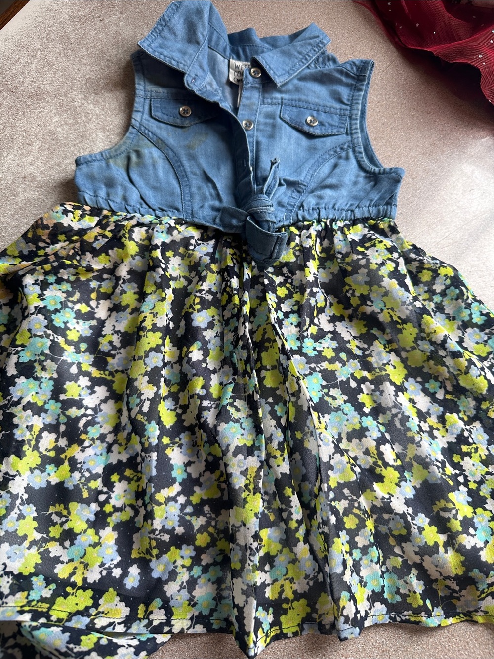 Denim Tie-Front Top with Floral Skirt Dress - Blue and Lime